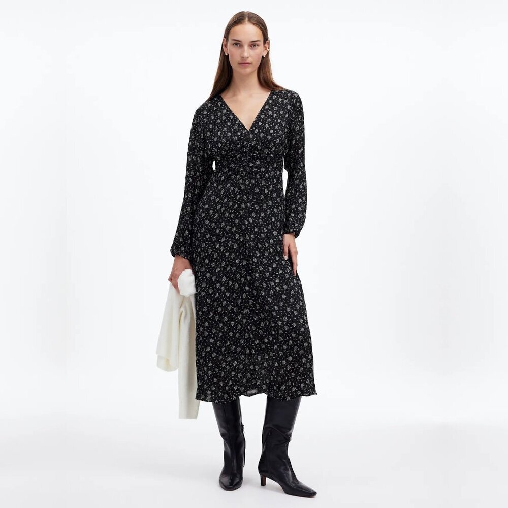 NWT Madewell Ruched Midi Dress Seersucker Floral True Black 0 #A1407
